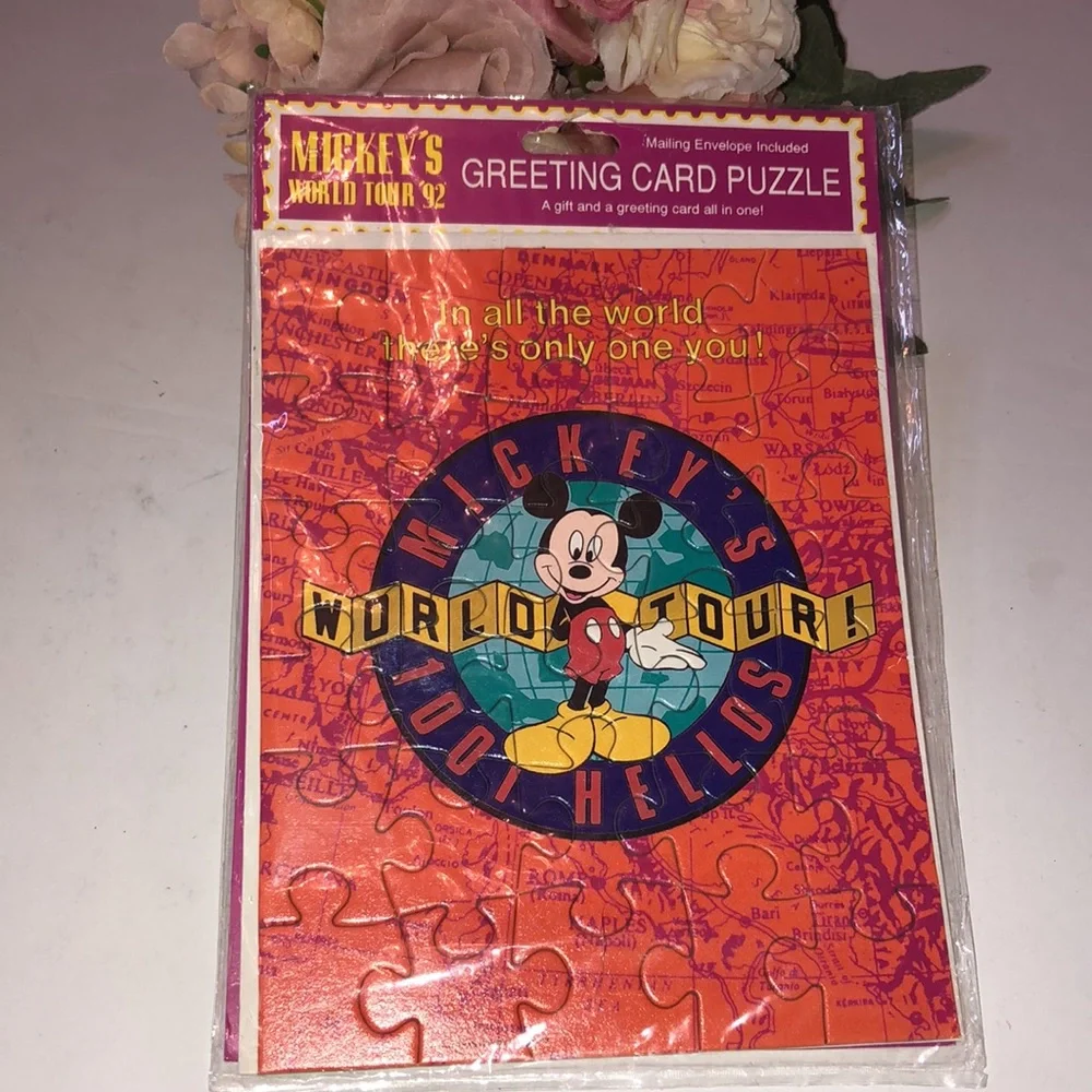 Mickeys World Tour 92’ Card Puzzle Mickey Mouse Birthday Card VTG DISNEY